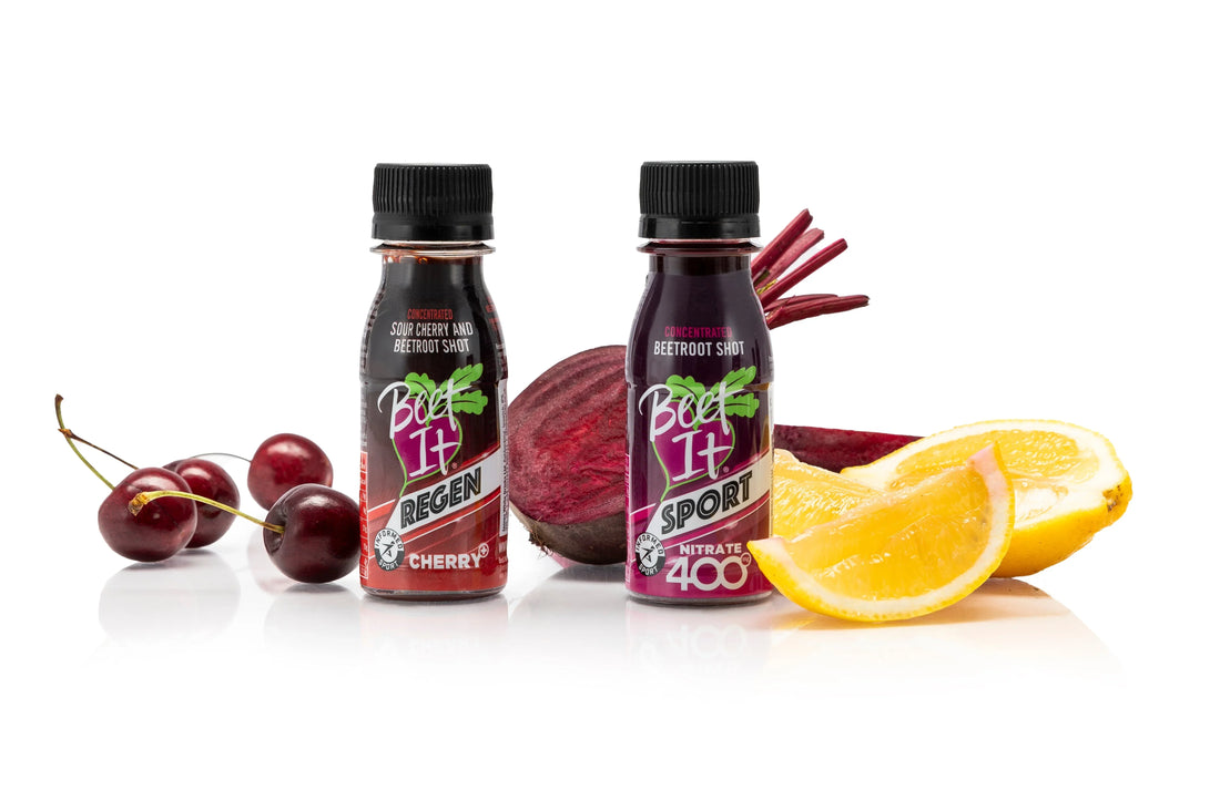 BEET IT SPORT NITRATE 400 SHOT beet juice for pre workout on gym bench with fitness gear