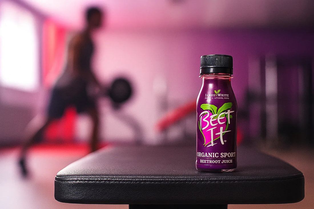When to Take Nitric Oxide — Beet It Organic Beetroot Juice nitrate shot bottle on gym bench in focus"