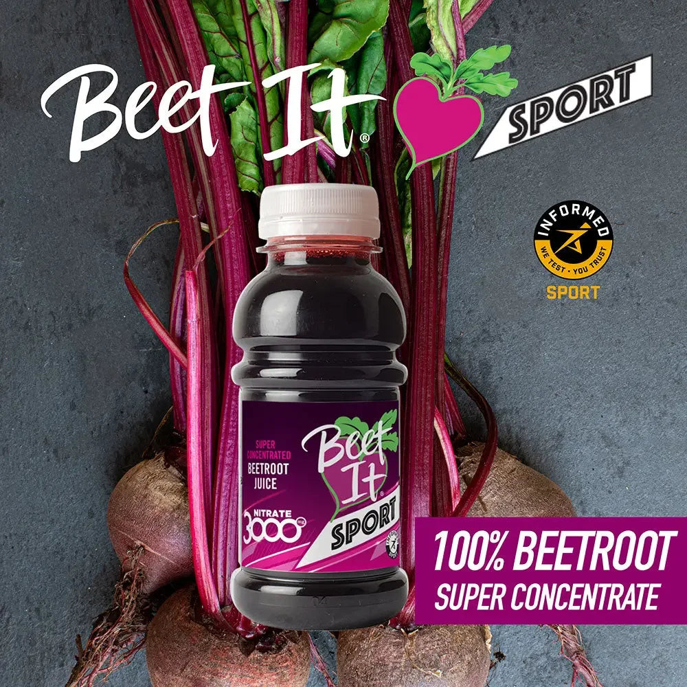 Beet It Sport Nitrate 3000 – 8.5 fl. oz. bottle with fresh beets and “100% Beetroot Super Concentrate” label - Beet It US