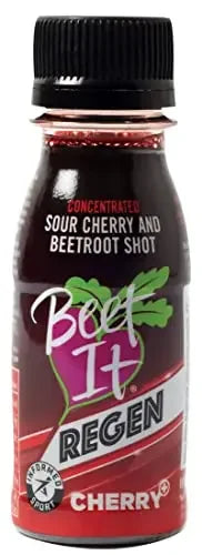 Beet It Regen Cherry+ Shot - Boost Recovery (pack of 15) - Beet It US: Single bottle of Beet It Regen Cherry+ Shot displaying concentrated sour cherry and beetroot formula.