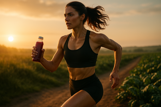 Female runner energized by beetroot juice, representing endurance and natural VO₂ max boost