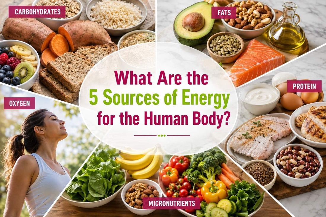 Visual representation of the five main energy sources for the human body including carbohydrates, fats, protein, oxygen, and micronutrients shown with healthy foods and lifestyle elements in a clean wellness composition.