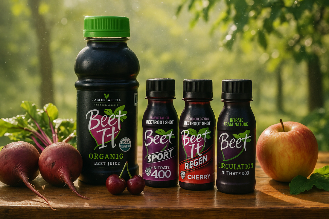 Beet It Organic Beet Juice and full product collection displayed naturally outdoors