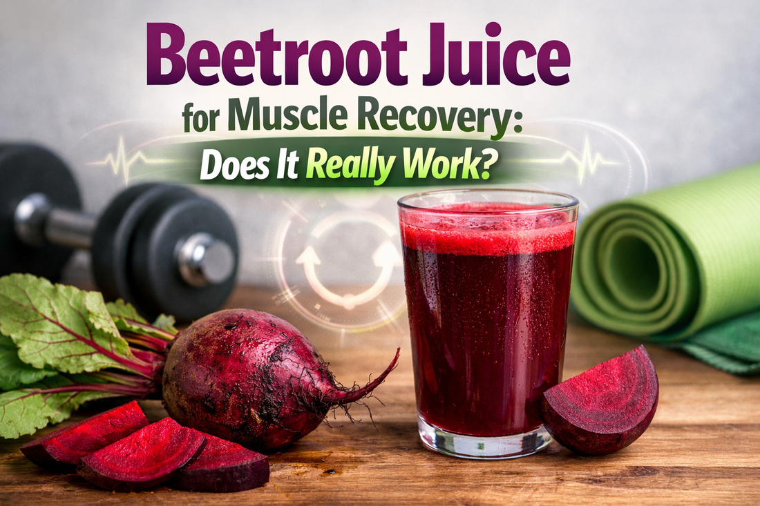 Beetroot juice with fresh beets and fitness elements showing benefits for muscle recovery – headline: 'Beetroot Juice for Muscle Recovery: Does It Really Work?