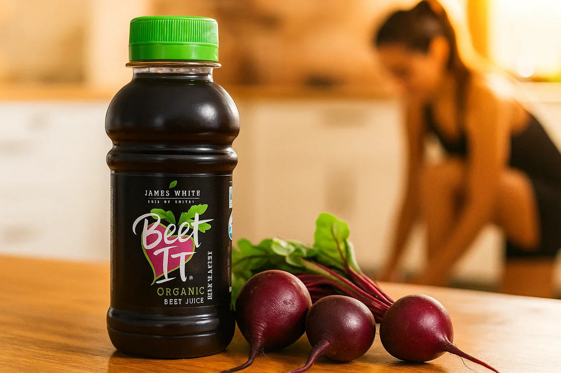 Glass of beetroot juice and fresh beets on a counter with a female runner in the background, representing beets nitrous oxide benefits.