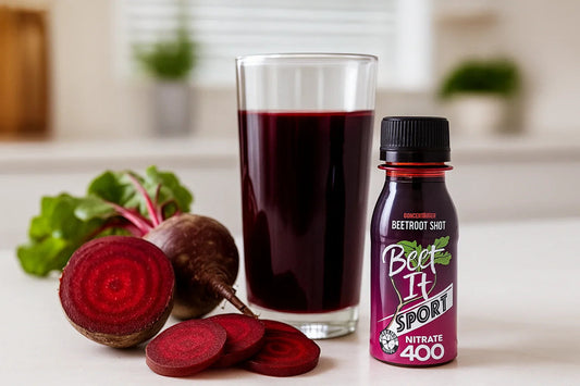 Fresh beets and beet juice on a kitchen counter — Do Beets Have Nitrates