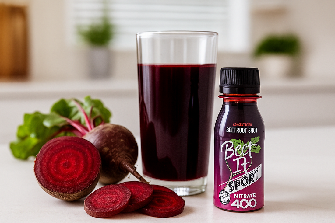 Fresh beets and beet juice on a kitchen counter — Do Beets Have Nitrates