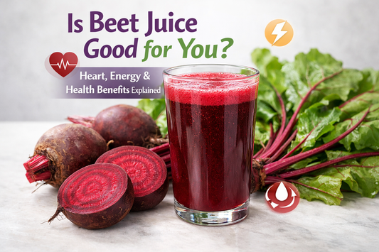 A glass of fresh red beet juice surrounded by whole beets and beet greens, with headline “Is Beet Juice Good for You? Heart, Energy & Health Benefits Explained” in purple and light green font