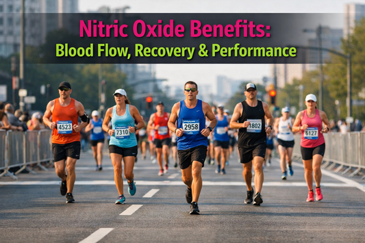 Marathon athletes running outdoors at sunrise with headline Nitric Oxide Benefits: Blood Flow, Recovery & Performance