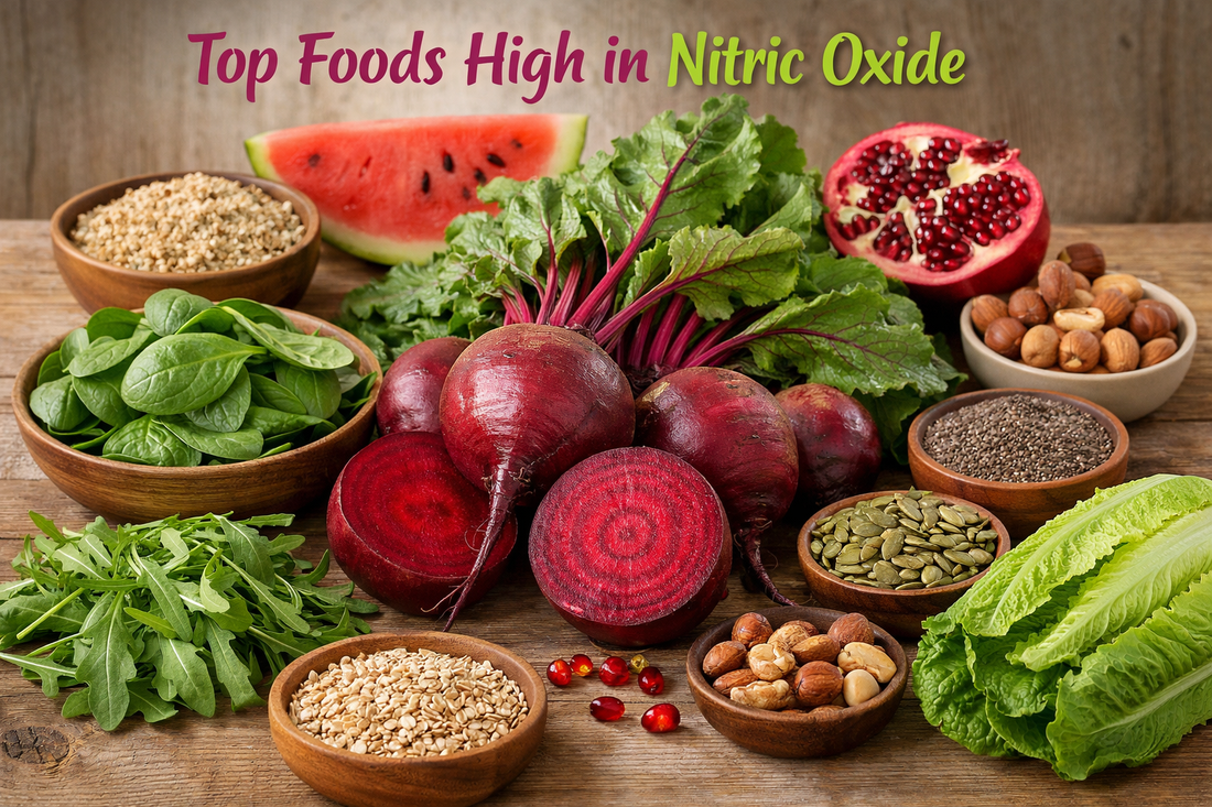 Realistic photo of top foods high in nitric oxide for athletes, including beetroot, spinach, arugula, romaine lettuce, pomegranate, watermelon, nuts, seeds, and whole grains.