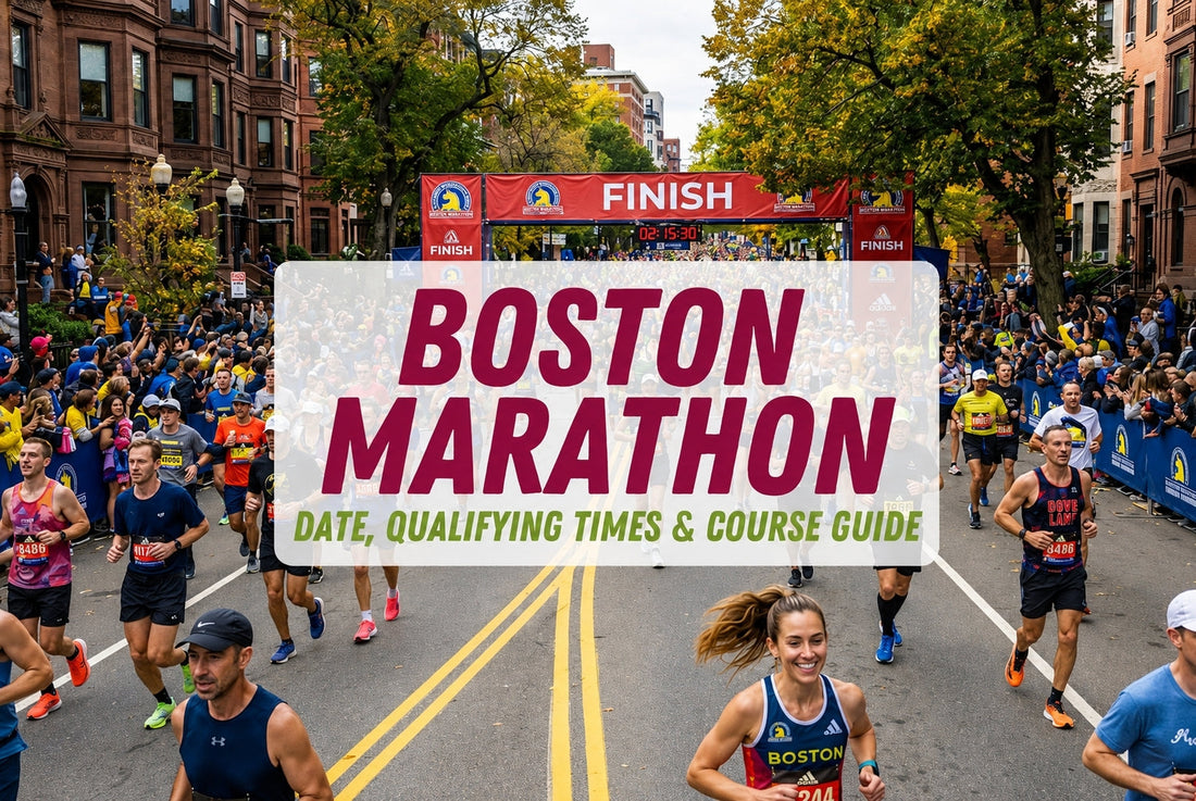 Boston Marathon runners racing through a city street toward the finish line with cheering crowds and autumn trees.