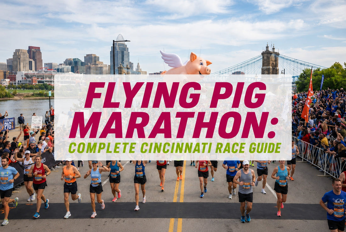 Flying Pig Marathon in Cincinnati with runners, cheering crowds, city skyline, suspension bridge, and giant winged pig balloon.