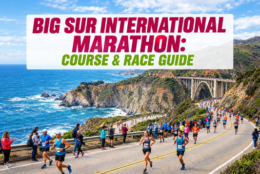Big Sur International Marathon runners race along a scenic coastal road near Bixby Bridge, with ocean and cliffs behind.