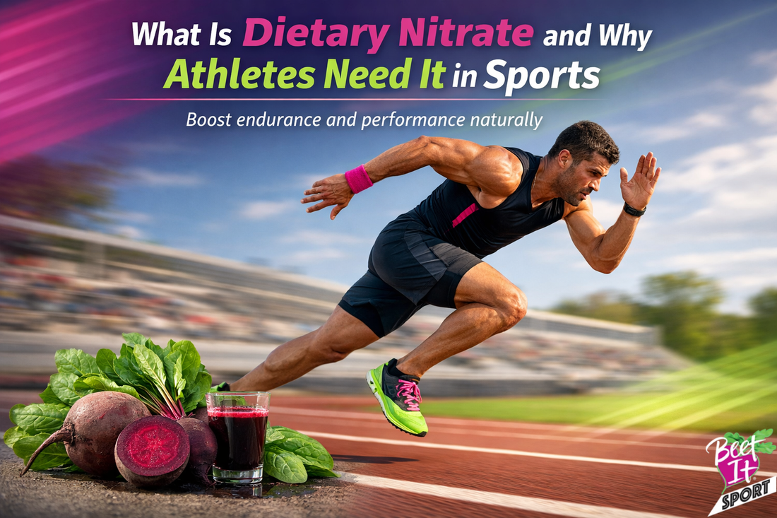 Athlete running with focus, surrounded by nitrate-rich foods like beet juice, spinach, and arugula, illustrating dietary nitrate benefits for sports performance and endurance