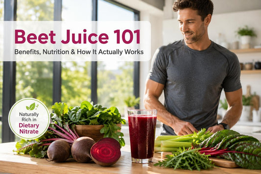 Fresh beet juice with beetroot, leafy greens, and a male athlete illustrating the benefits, nutrition, and science behind beet juice.