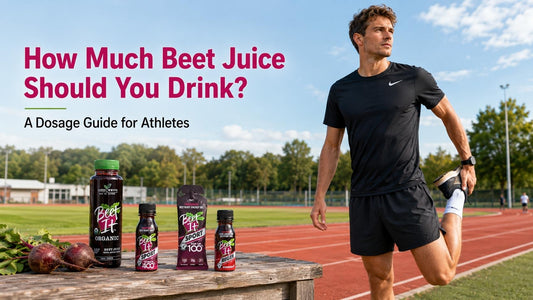 Male athlete with Beet It products during outdoor training for a beet juice dosage guide.