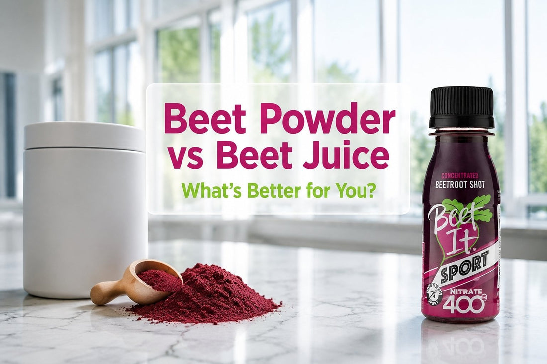 Beet Powder vs Beet Juice comparison featuring Beet It Sport Nitrate 400 Shot for natural performance support.