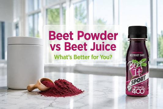 Beet Powder vs Beet Juice comparison featuring Beet It Sport Nitrate 400 Shot for natural performance support.
