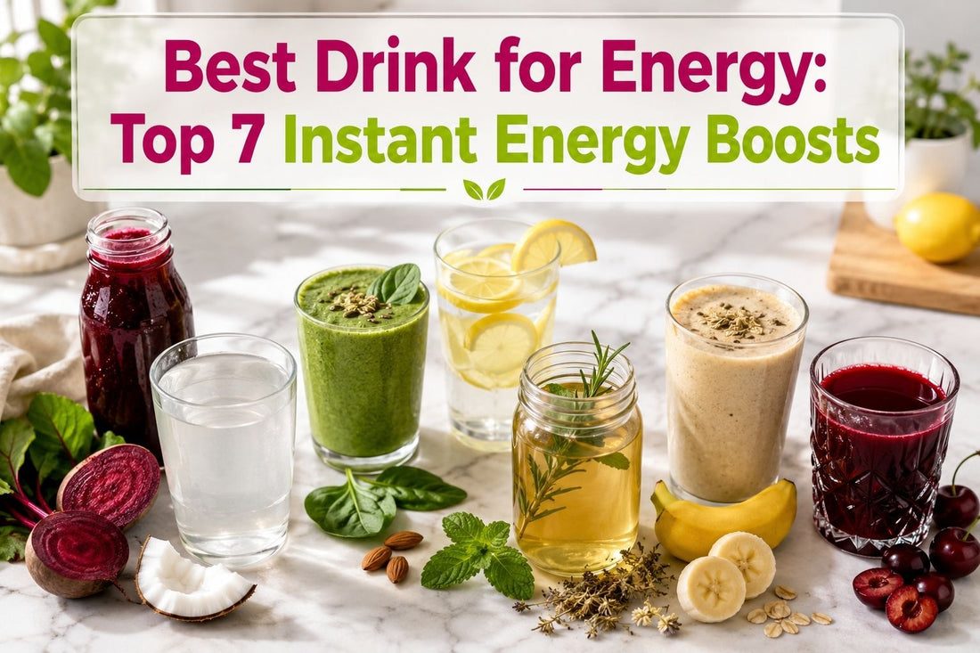 Assorted natural energy drinks including beet juice, coconut water, green smoothie, lemon water, herbal drink, banana shake, and tart cherry juice arranged for a healthy energy boost concept featuring Best Drink for Energy.