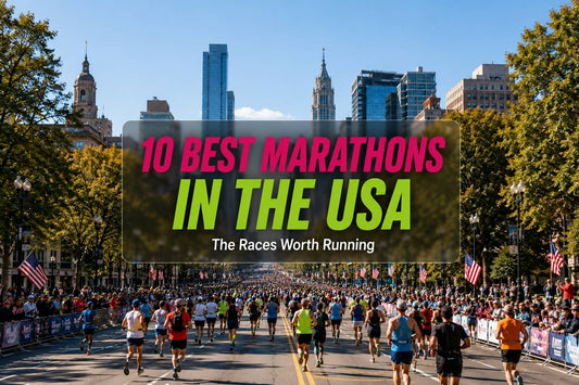 Best marathons in the USA with runners racing through a bright city street and American flags.