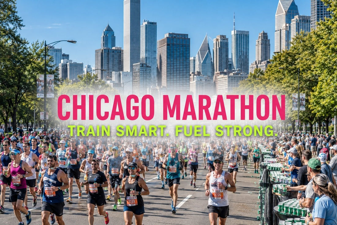 Chicago marathon runners on a bright city course for a training and fueling guide.