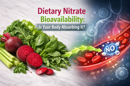 Fresh nitrate-rich vegetables including beetroot, spinach, arugula, and celery on a clean surface, with visual arrows illustrating nitrate absorption and conversion into nitric oxide for dietary nitrate bioavailability.