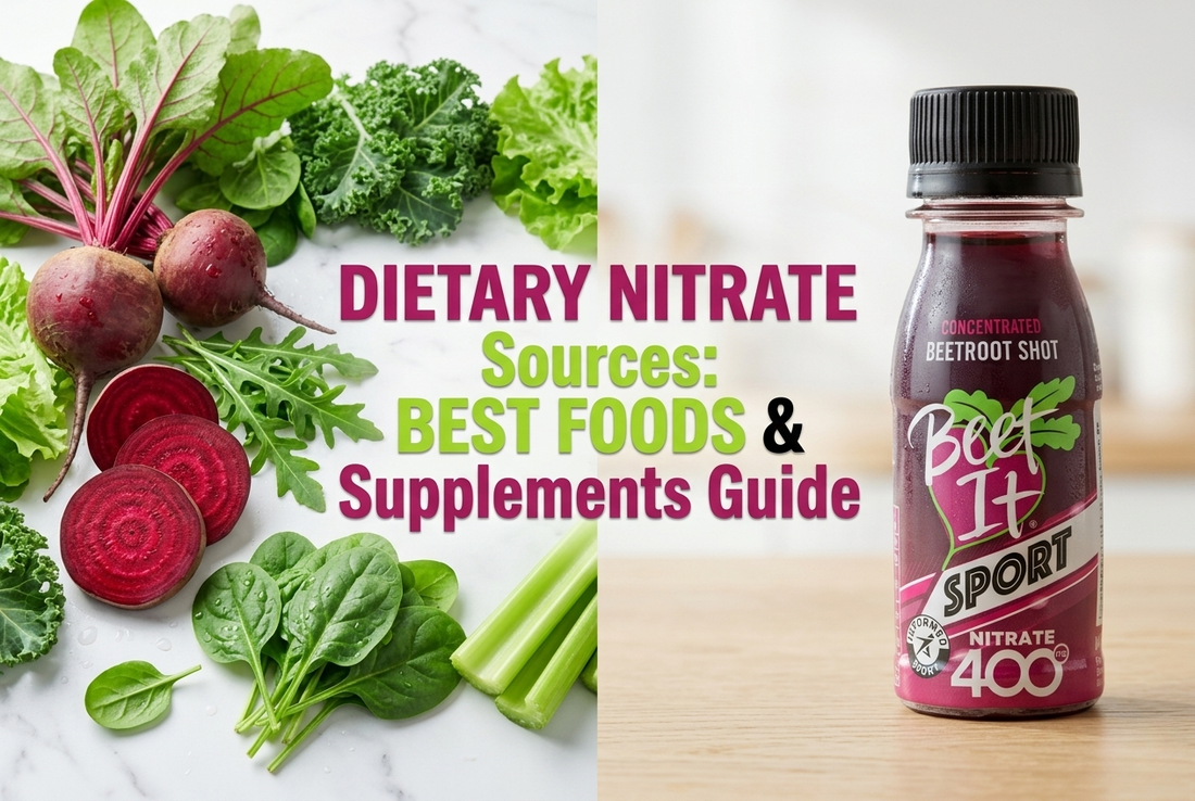 Featured image showing nitrate-rich vegetables like beetroot, spinach, and arugula on one side, and a Beet It Sport Nitrate 400 shot bottle on the other, with stylish headline “Dietary Nitrate Sources: Best Foods & Supplements Guide”