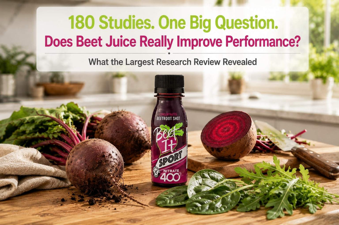 Beet It Sport Nitrate 400 Shot with fresh beetroot for a blog exploring whether beet juice improves exercise performance.