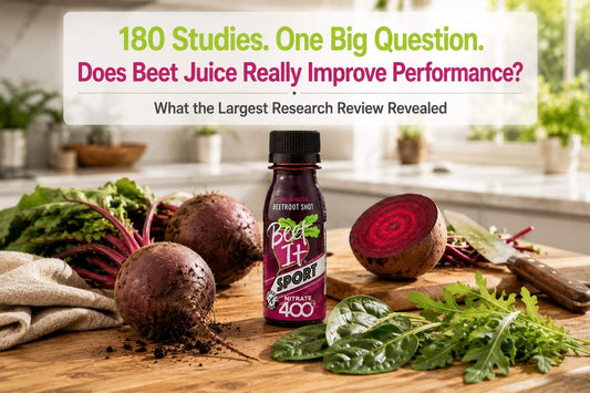 Beet It Sport Nitrate 400 Shot with fresh beetroot for a blog exploring whether beet juice improves exercise performance.