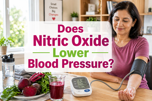 Realistic health and lifestyle scene showing blood pressure monitoring with healthy foods like beetroot and greens, representing nitric oxide and its effect on blood pressure regulation.