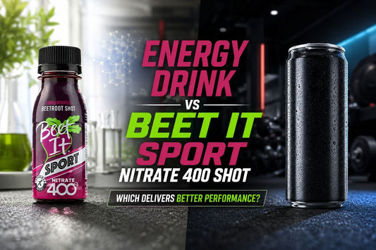 Pre Workout vs Energy Drink comparison showing natural nitrate performance support and traditional energy drink options.