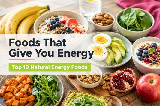 Healthy natural energy foods including fruits, oats, eggs, nuts, and vegetables arranged on a table representing top foods that give energy naturally.