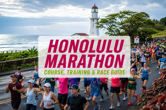 Honolulu Marathon runners on a tropical course with palm trees, ocean views, and Diamond Head.
