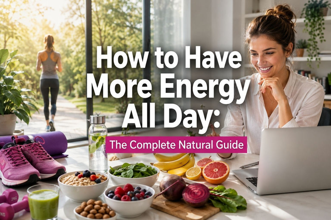 How to Have More Energy All Day natural wellness scene showing healthy foods, hydration, and balanced lifestyle for sustained energy and focus throughout the day