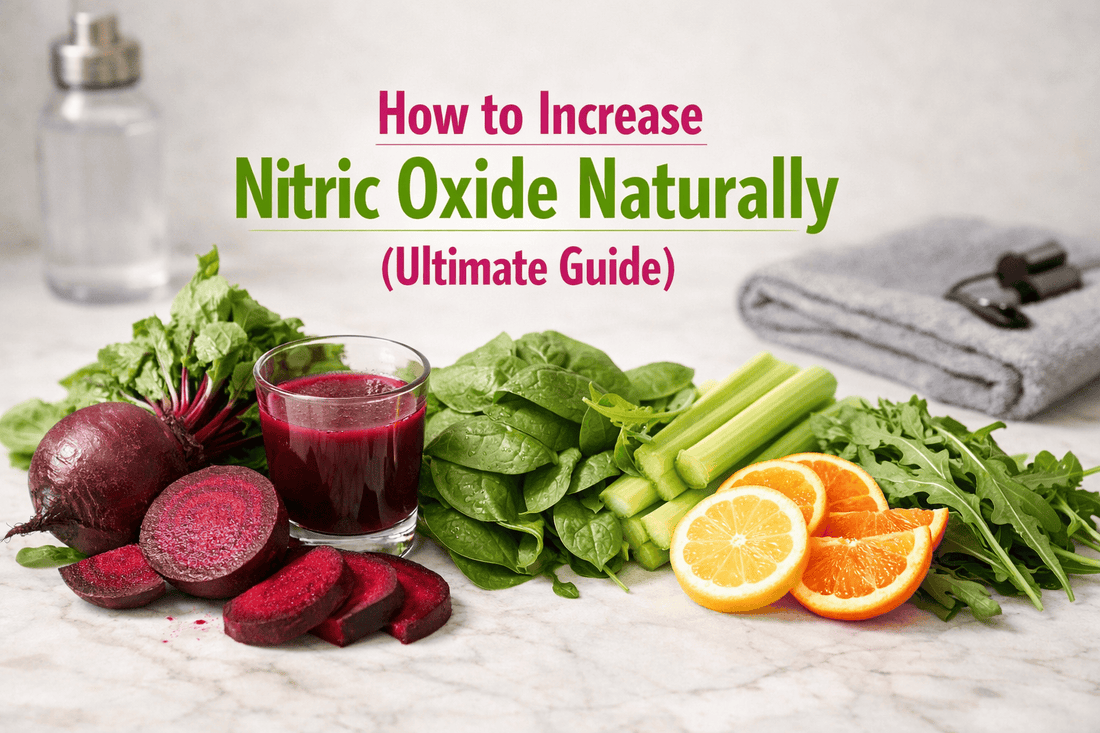 Fresh beetroot, leafy greens, beet juice, and fitness accessories representing natural ways to increase nitric oxide