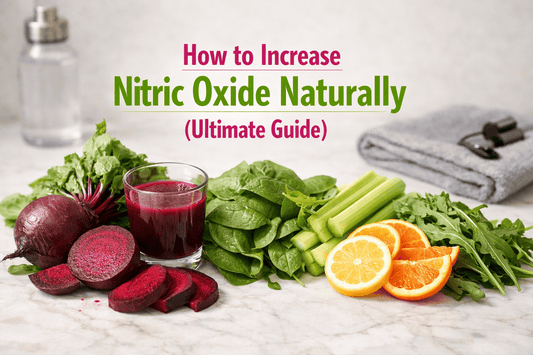 Fresh beetroot, leafy greens, beet juice, and fitness accessories representing natural ways to increase nitric oxide