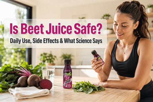 Beet It Sport Nitrate 400 Shot with fresh beetroot and a woman reviewing the product for daily use and safety information.