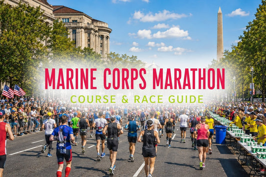 Marine Corps Marathon runners racing through Washington DC with the Washington Monument in the background.