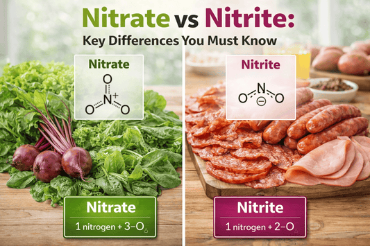 Side-by-side comparison of nitrate-rich vegetables and processed foods containing nitrites with labeled boxes showing atomic structure of nitrate (NO3⁻) and nitrite (NO2⁻), realistic kitchen background.