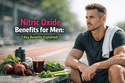 Athletic man with nitrate rich foods and beet juice representing nitric oxide benefits for men, improved blood flow, energy, and workout performance