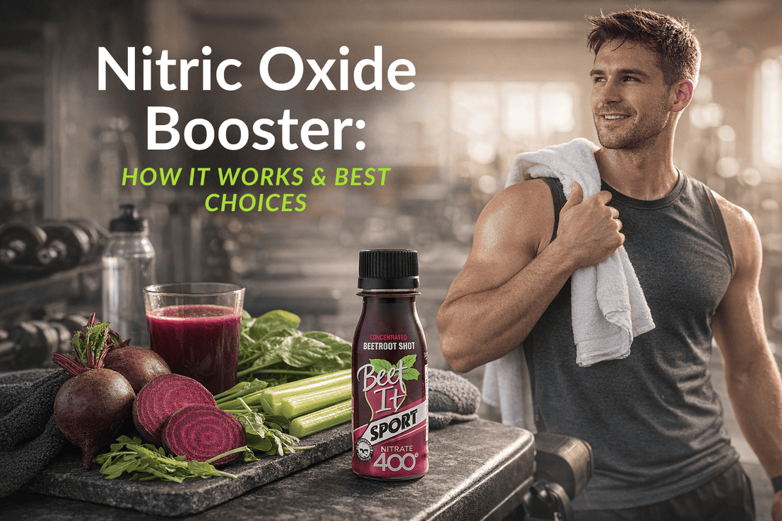 Male athlete with Beet It Sport Nitrate 400 shot and nitrate-rich foods representing nitric oxide booster for fitness performance and blood flow support.