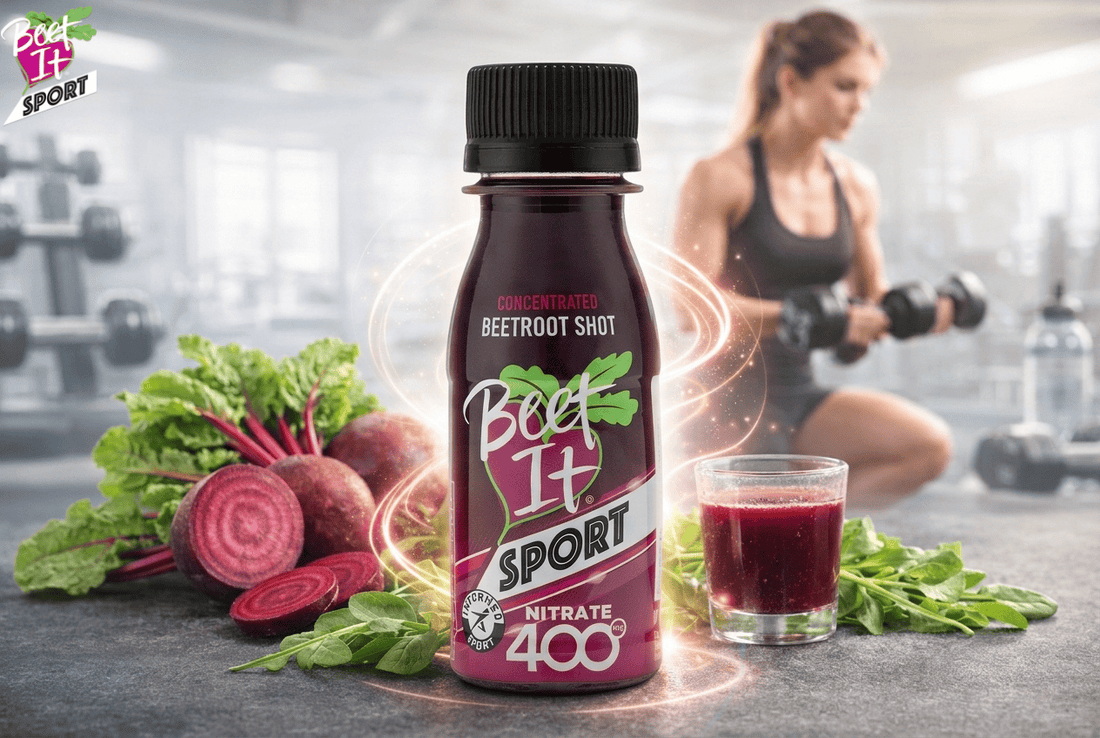 Athlete in gym environment with Beet It Sport Nitrate 400 shot, fresh beetroot and leafy greens representing nitric oxide supplement benefits, uses, and performance support.