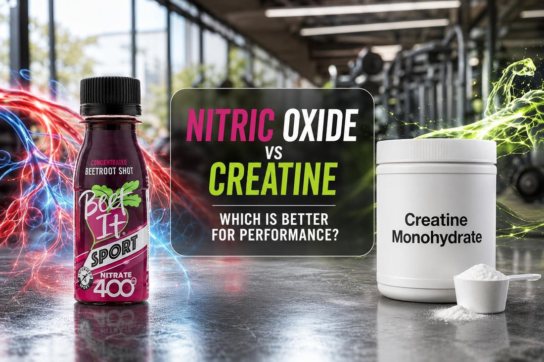 Nitric Oxide vs Creatine comparison featuring Beet It Sport Nitrate 400 Shot for sports performance and endurance