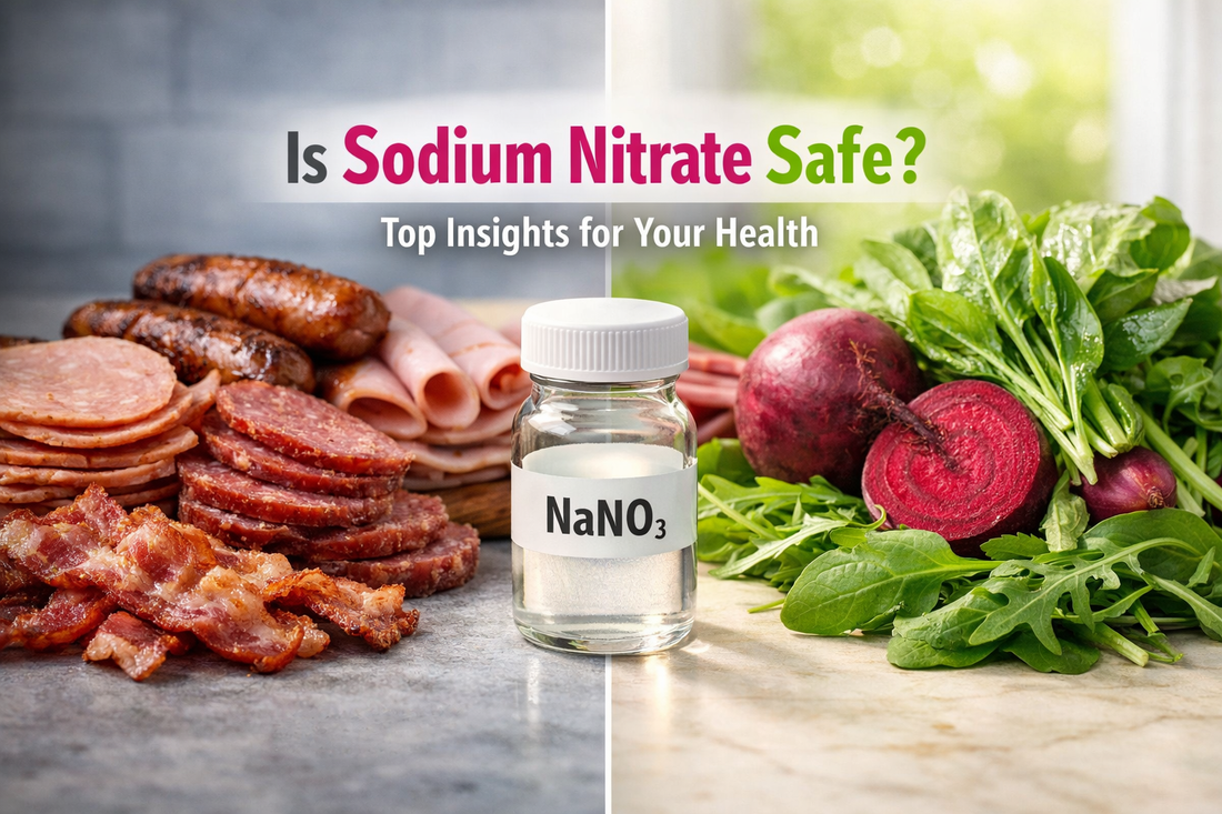 Split-view image showing processed meats like bacon and sausages on one side and fresh nitrate-rich vegetables like beetroot, spinach, and arugula on the other, highlighting sodium nitrate safety for health.