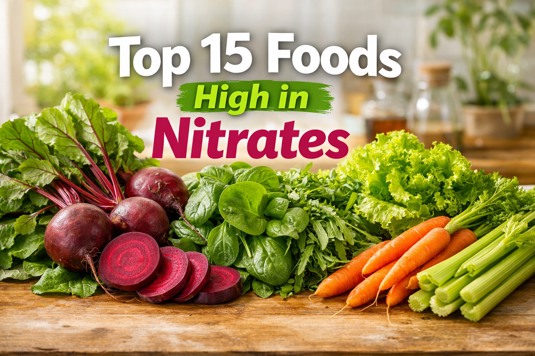 Vibrant top 15 foods high in nitrates including beetroot, spinach, arugula, lettuce, and celery on a sunlit wooden table, emphasizing fresh vegetables for health and nitric oxide support.