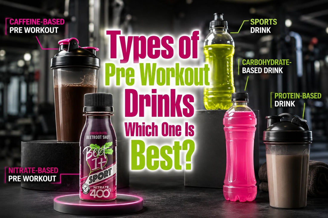 Types of pre workout drinks comparison featuring Beet It Sport Nitrate 400 Shot, sports drinks, protein shakes, and caffeine-based options.
