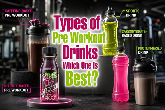 Types of pre workout drinks comparison featuring Beet It Sport Nitrate 400 Shot, sports drinks, protein shakes, and caffeine-based options.
