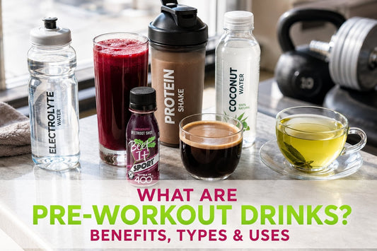Ultra-realistic pre-workout drinks including beet juice, coffee, coconut water and Beet It Sport Nitrate 400 shot for energy and performance.