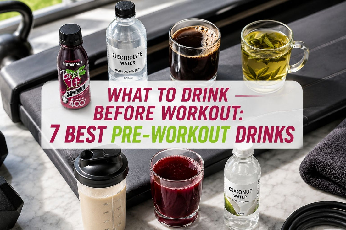  Seven natural pre-workout drinks including beet juice, electrolyte water, black coffee, green tea, protein shake, tart cherry juice, and coconut water arranged for fitness energy and performance support.