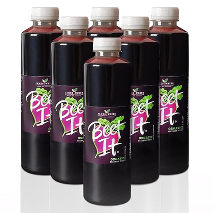 Pouring BEET IT Organic Beetroot Juice from a 25.4 fl oz bottle into small glasses to embrace daily wellness.